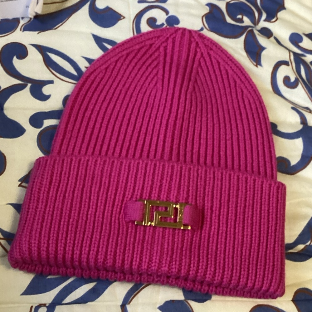 Versace Greca wool ribbed beanie in pink. NWT